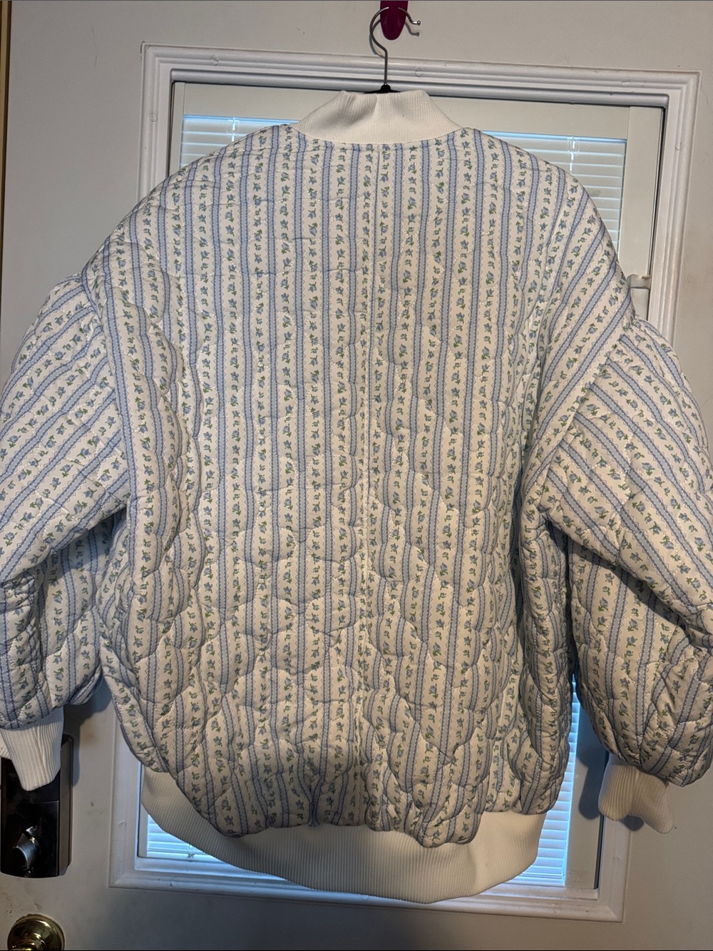 Mable Quilted Stripe Bomber Jacket in Cream and Light Blue - Picture 5 of 5
